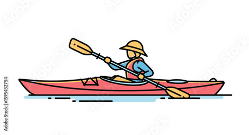 Illustration of a Person Kayaking with Paddle on Calm Water in a Vibrant Style