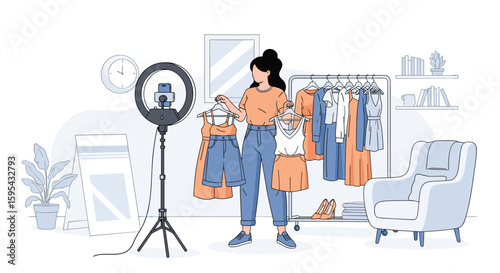 Fashion influencer showcasing new clothing collection live streaming for online audience