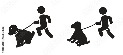 dog icon, Contains symbols such as a human holding a dog leash, pet, isolated on a white background, vector illustration.

