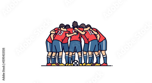 Illustration of Soccer Team Huddle in Red Jerseys and Blue Shorts Highlighting Team Unity