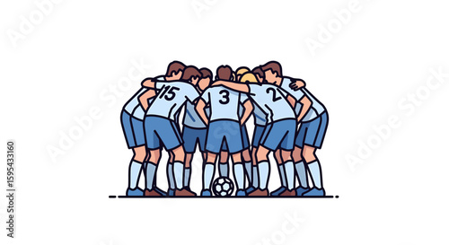 Illustration of Soccer Team Huddle in Uniforms with Soccer Ball on Field