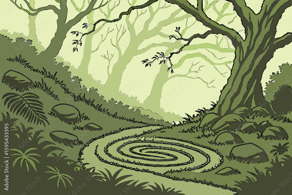 Fototapeta premium dense mossy forest,overgrown landscape,swirling concentric rings,natural textures,lush green foliage,surreal organic patterns,atmospheric lighting,wide angle photography