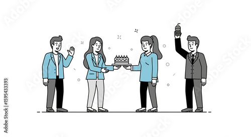 Team Celebration with Cake and Drinks in Minimalist Line Art Illustration