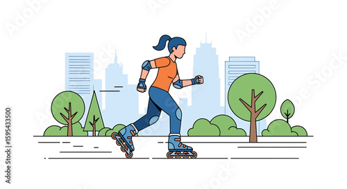 Illustration of Woman Rollerblading in an Urban Park Setting with Cityscape Background