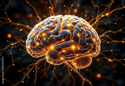 Digital visualization of a human brain with glowing neural connections