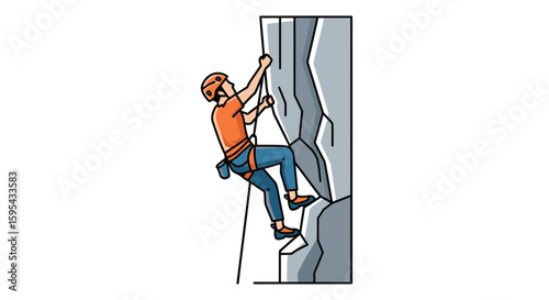 Illustrated Rock Climber Scaling Vertical Cliff with Safety Gear and Helmet