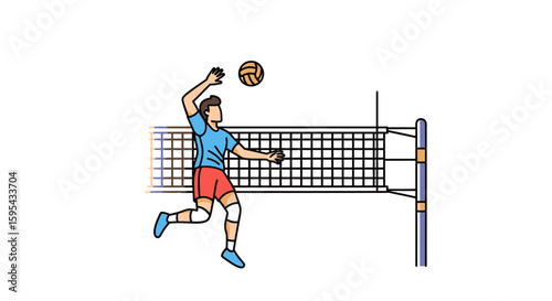 Dynamic Volleyball Player Spiking Over the Net in Intense Match Illustration