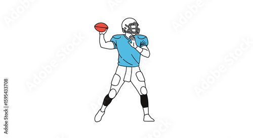 Illustration of American Football Quarterback in Throwing Motion with Helmet and Ball