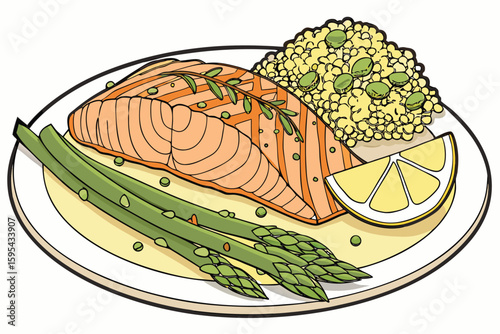  salmon fillet with herb crust, roasted asparagus, quinoa salad, lemon wedge, plate, food photography, mouth-watering, high quality, detailed, delicious, appetizing