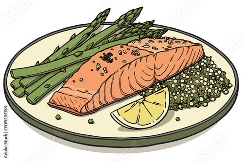  salmon fillet with herb crust, roasted asparagus, quinoa salad, lemon wedge, plate, food photography, mouth-watering, high quality, detailed, delicious, appetizing