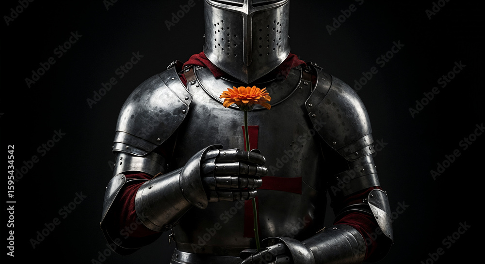 Fototapeta premium Medieval knight in armor holding an flower