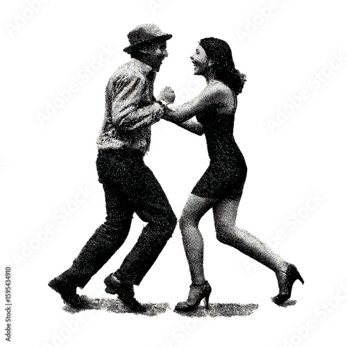 Vintage Dancing Couple In Retro Halftone. Nostalgic Dance For Creative Projects Illustration Isolated On Transparent Background