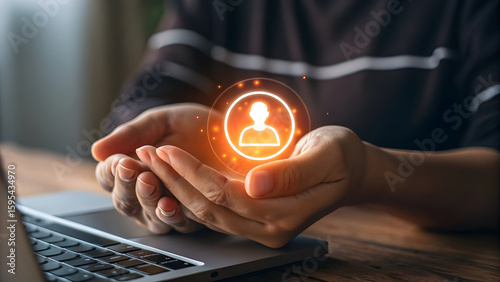 Hands carefully cradling a glowing digital human icon symbolizing customer care and personalized user experience