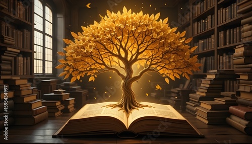 World philosophy day concept with tree of knowledge planting on opening old big book in library full of textbook