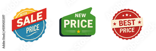 Three colorful price tags showcase sale, new price, and best price offers for shoppers.