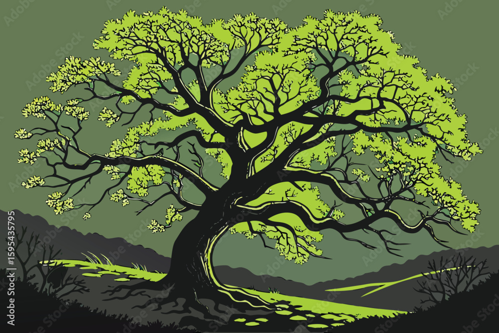 Obraz premium fantasy art, magical tree of life, otherworldly plant, glowing green leaves, intricate branches, surreal landscape, dramatic lighting, cinematic composition, dark moody background, digital art, hig