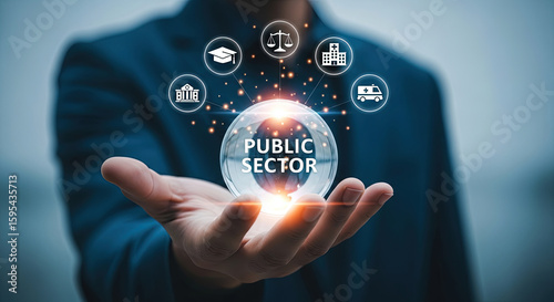 Public Sector Services Concept: Hand Holding Sphere with Education, Justice, Healthcare, and Government Icons for Policy and Social Programs