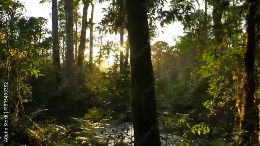 Sunlight streams through lush rainforest Sunlight streams through lush rainforest