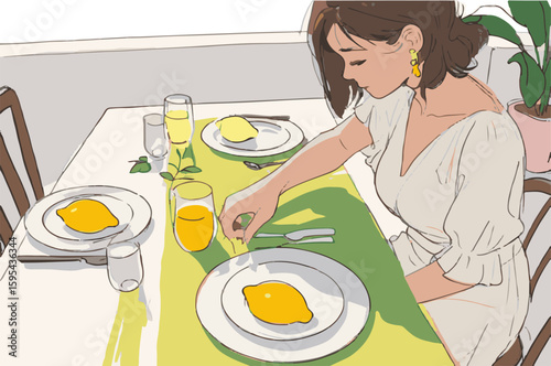 simple primitive illustration, fresh and summery, woman setting table on veranda with lemons
