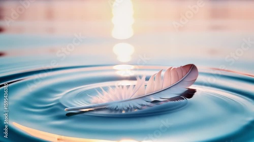 Delicate feather floating on calm water surface with ripples  