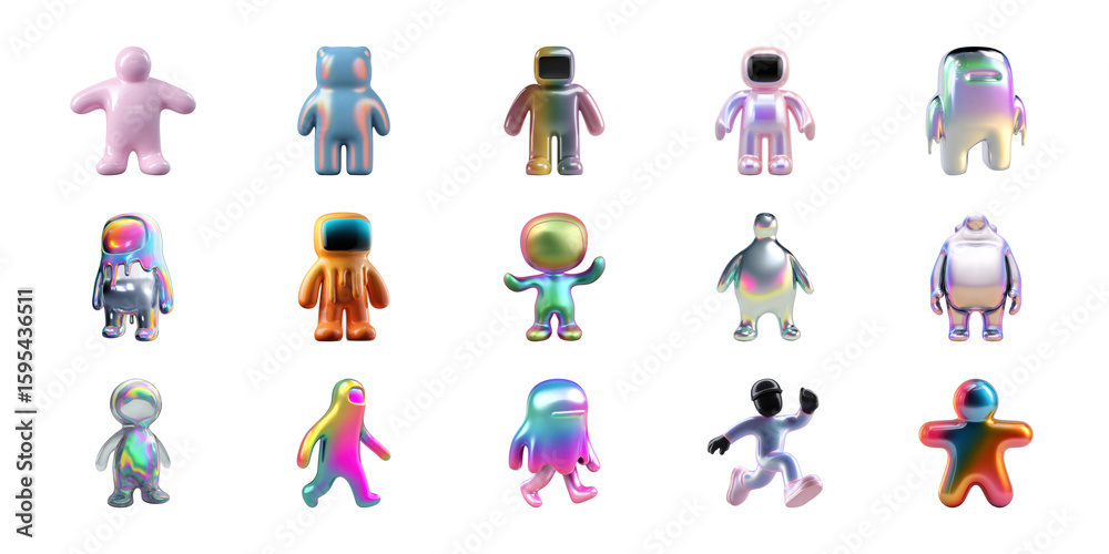 Fototapeta premium Colorful Abstract 3D Characters Set. Futuristic Digital Art Collection Isolated On Transparent Background