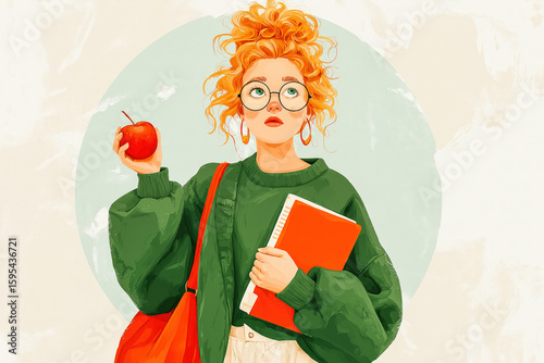 Student girl with books and apple, colorful illustration
