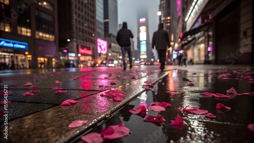 Rainy new york city street at night with glowing neon lights and fallen petals