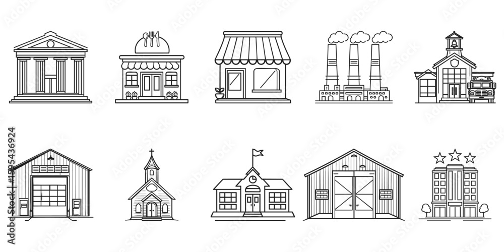 Fototapeta premium Various Building Icons Set. Urban And Rural Architecture Collection. Isolated Vector Illustration