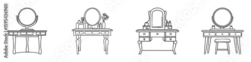Vanity Table Designs Set. Elegant Furniture And Interior Decor Collection. Isolated Vector Illustration
