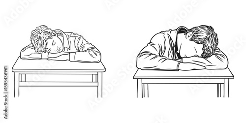 Two Students Sleeping On Desks Set. Classroom Fatigue And Boredom Concept Collection. Isolated Vector Illustration