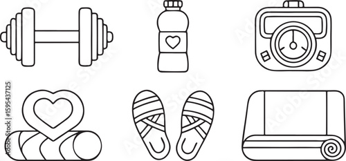 Isolated fitness tracking vector icons, wellness and health monitoring tools, dumbbell, yoga mat, meditation pose, water bottle, step counter set