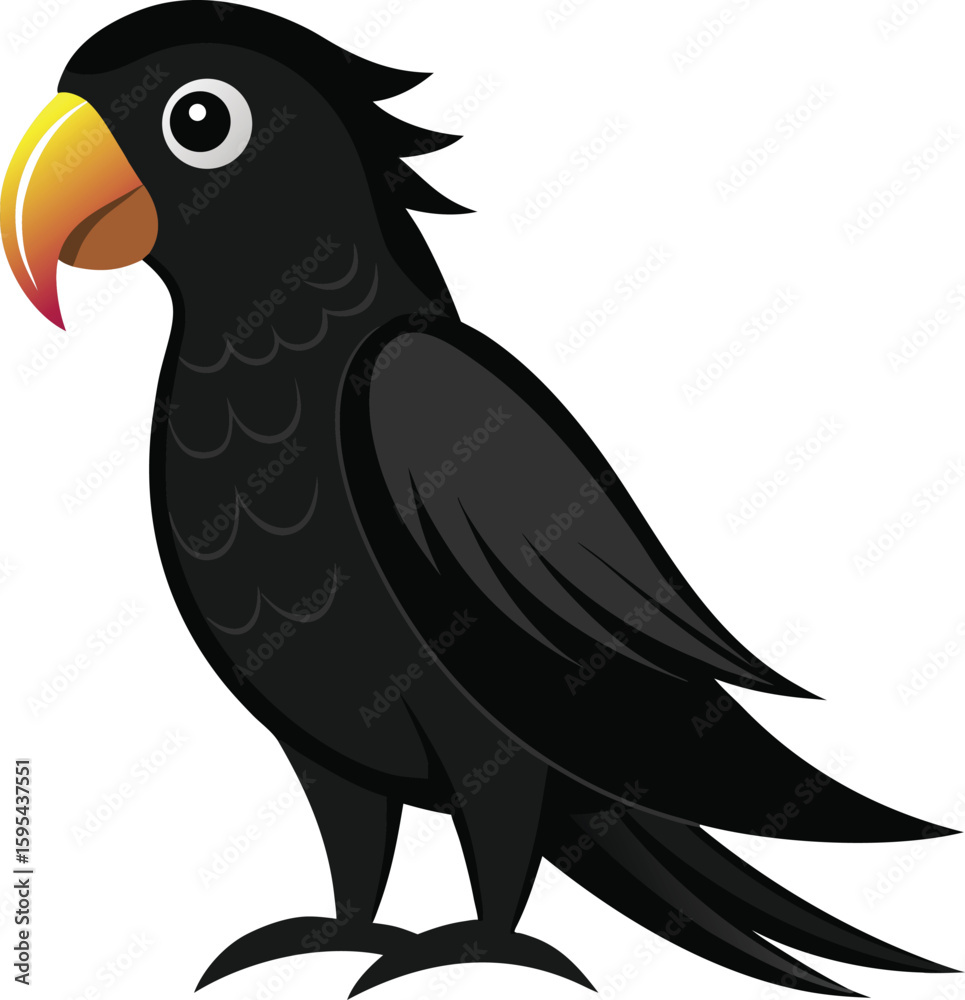 Fototapeta premium Cartoon black cockatoo bird with yellow beak isolated on white background