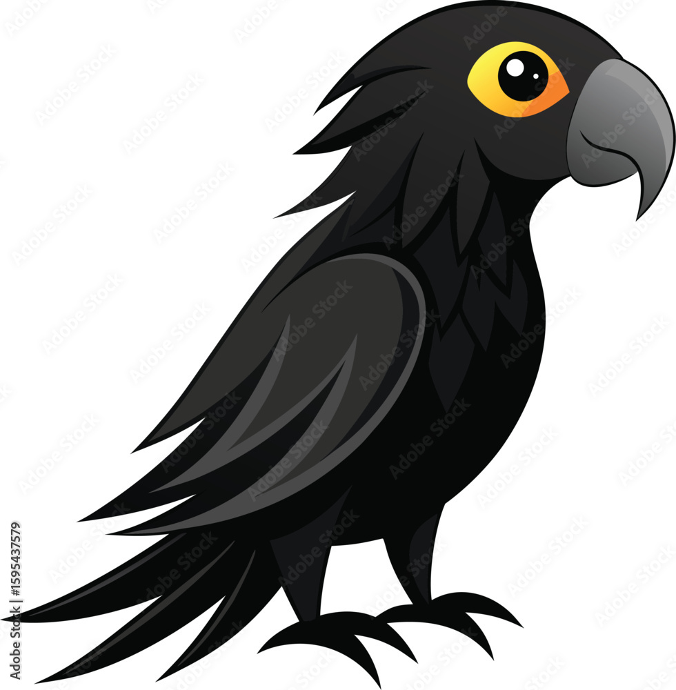 Obraz premium Cartoon black bird with bright orange eyes isolated on white background