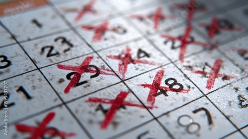 Close-up of a marked calendar with red X's indicating dates that have passed or deadlines met, symbolizing time management.