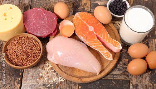 Delicious high protein food assortment provides a healthy balanced diet including fish, chicken, beef, lentils, dairy, eggs, and cheese