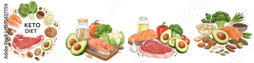 Set of Keto diet food arrangement with meat, vegetables, and healthy fats  