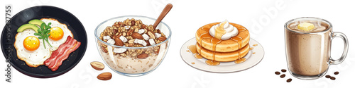 Keto breakfast food collection including eggs, granola, pancakes, and bulletproof coffee  