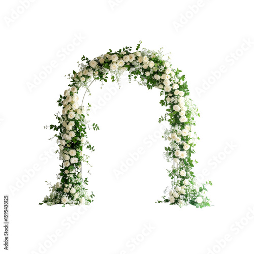 Elegant floral archway adorned with white roses and greenery on transparent background