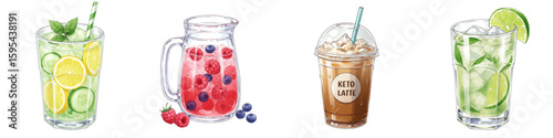 Set of isolated keto drinks including keto latte, cucumber mint lemonade, berry detox water, keto mojito  