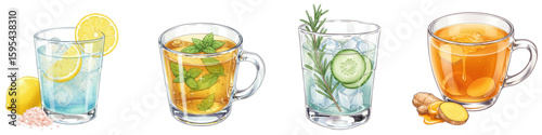 Set of isolated keto drinks including electrolyte drink, ginger tea, mint tea with CBD oil, cucumber rosemary water  