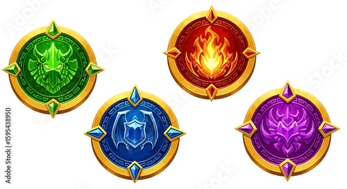 A collection of four stylized coins each with distinct elements set within ornate circular frames