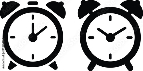 Alarm clock silhouette vector illustration, black retro clock icon set