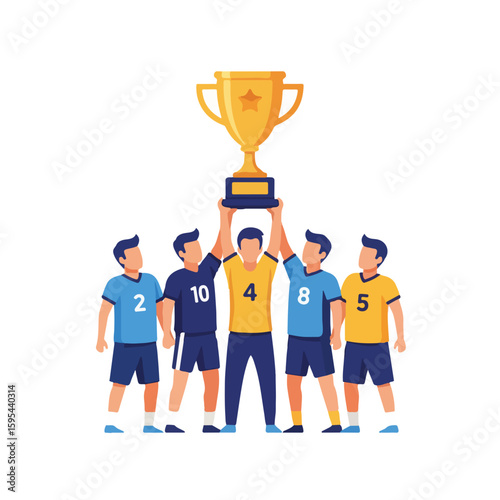 Team celebrating victory by raising trophy in sports competition  