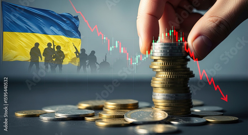 Ukraine War Economic Impact: Falling Stock Market, Financial Crisis, and Investment Risk, Featuring Ukrainian Flag and Soldiers Silhouettes