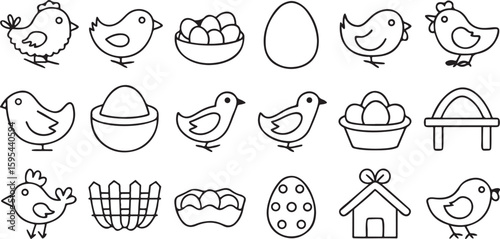 Isolated black poultry vector icons, baby chicken, hatchery elements, egg, nest, hen, barnyard farm animal tools, editable clean vector illustrations