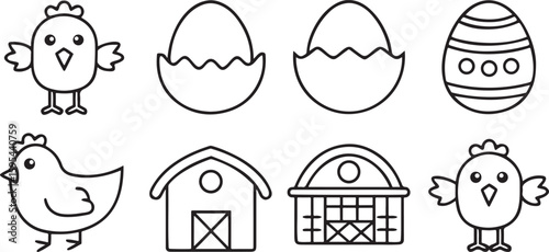 Isolated black poultry vector icons, chick, egg, hatch, farm hen and feeding barnyard animals, editable clean design in black outline style