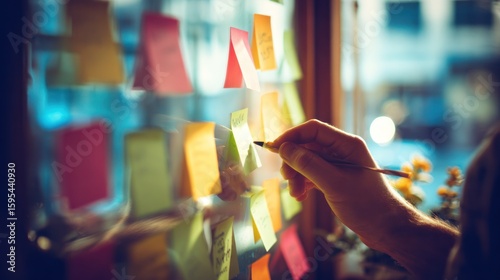 A hand placing a sticky note on a glass wall