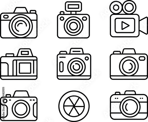 Nine black outline icons of cameras and a video camera photography filmmaking