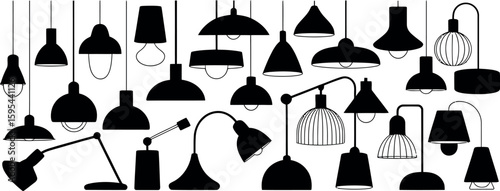 Collection of black silhouette pendant and desk lamps on white background lighting light