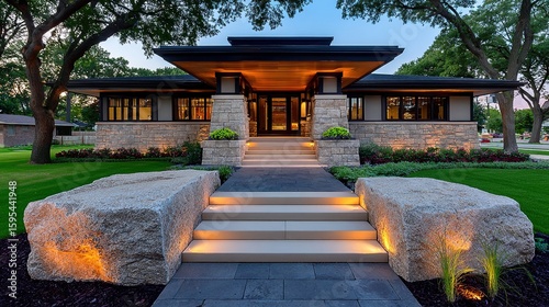 Luxury Home Exterior at Dusk with Stone Steps and Prairie Style Architecture